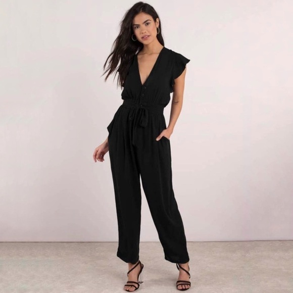 Free People Ruffle Your Feathers Deep V Flutter Sleeve Jumpsuit Black XS - Picture 2 of 13
